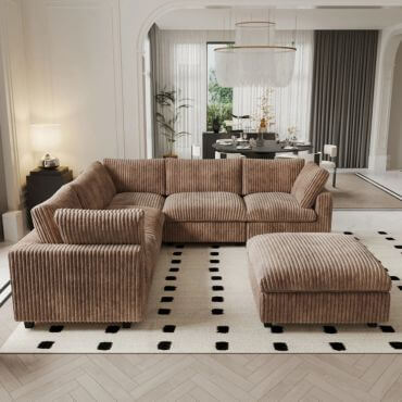 Brown plush corduroy fabric modular sectional sofa.