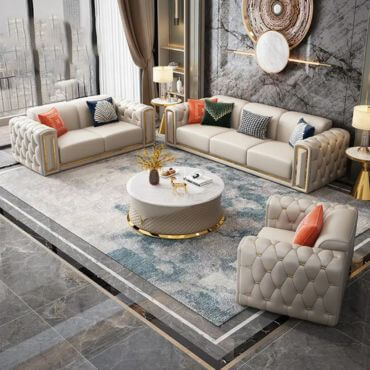 Upholstered L shape leather sectional sofa in light color cover.