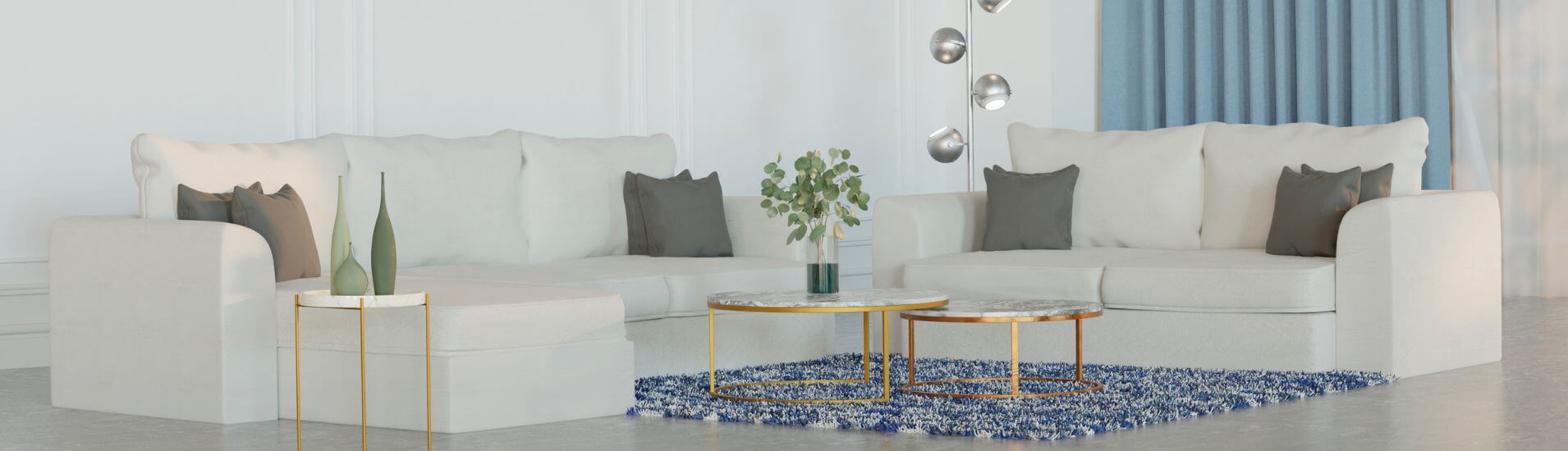 Living room with sofa furniture in white leather color.