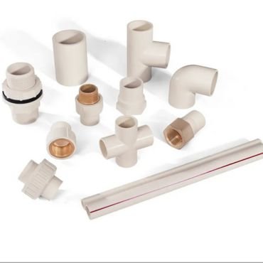 Colored PVC pipe fittings.